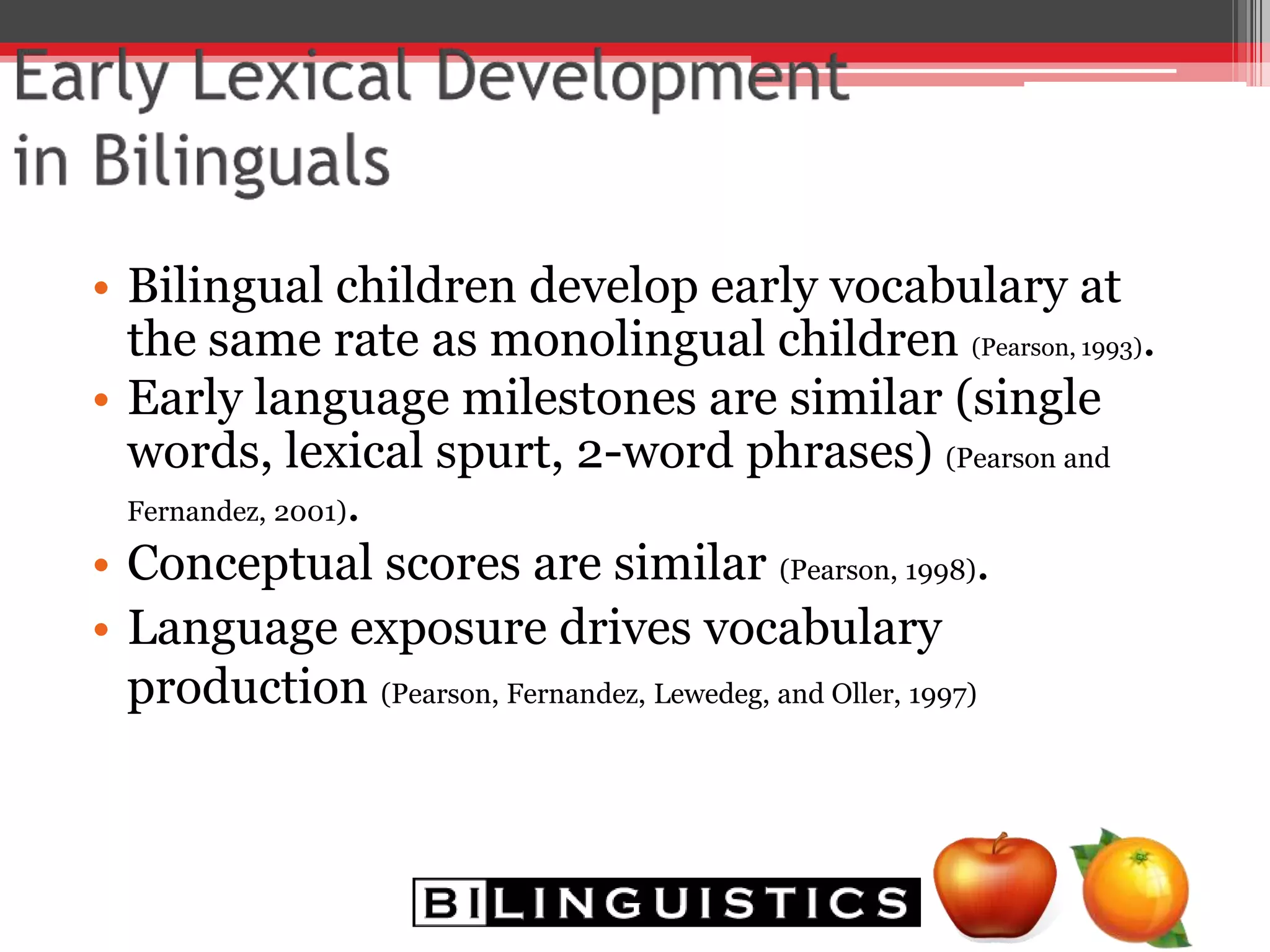 Morphological Errors Spanish
0
1
2
3
4
5
6
7
8
Plurals
Adj/AdvN
egation
O
ther
Verb:Past/Present
Verb:Present/Past
Verb:R
eg/Irreg
Verb:U
nm
arkedPres/Past
Verb:PersonVerb:O
ther
G
ender
PK
K
1
2
3
Morphological Errors English
0
1
2
3
4
5
6
7
8
Plurals
Adj/Adv
N
egation
O
ther
Verb:Past/Present
Verb:Present/Past
Verb:R
eg/Irreg
Verb:U
nm
arkedPres/Past
Verb:PersonVerb:O
ther
PK
K
1st
2nd
3rd
Bilingualism and Language: Form
 
