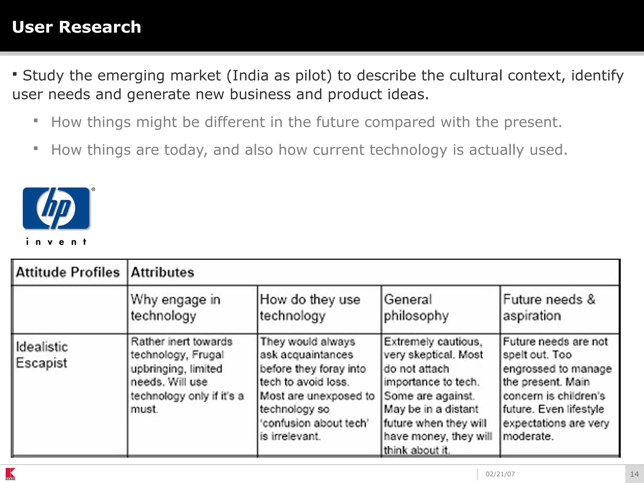1402/21/07
User Research
 Study the emerging market (India as pilot) to describe the cultural context, identify
user needs and generate new business and product ideas.
 How things might be different in the future compared with the present.
 How things are today, and also how current technology is actually used.
 