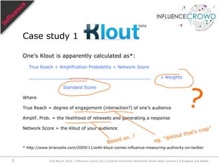 One’s Klout is apparently calculated as*:True Reach + Amplification Probability + Network Score _____________________________________________       x Weights                       Standard ScoreWhereTrue Reach = degree of engagement (interaction?) of one’s audienceAmplif. Prob. = the likelihood of retweets and generating a responseNetwork Score = the Klout of your audience* http://www.briansolis.com/2009/11/with-klout-comes-influence-measuring-authority-on-twitterCase study 1?eg, “@klout that’s crap” 31st March 2010 / Influence Crowd LLP / Creative Commons Attribution Share Alike License 2.0 England and Wales5Based on..?