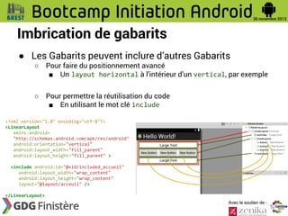 Imbrication de gabarits
● Les Gabarits peuvent inclure d’autres Gabarits
○

Pour faire du positionnement avancé
■ Un layout horizontal à l’intérieur d’un vertical, par exemple

○

Pour permettre la réutilisation du code
■ En utilisant le mot clé include

<?xml version="1.0" encoding="utf-8"?>
<LinearLayout
xmlns:android=
"http://schemas.android.com/apk/res/android"
android:orientation="vertical"
android:layout_width="fill_parent"
android:layout_height="fill_parent" >
<include android:id="@+id/included_accueil"
android:layout_width="wrap_content"
android:layout_height="wrap_content"
layout="@layout/acceuil" />
</LinearLayout>
Avec le soutien de :

 