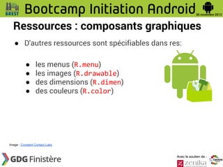 Ressources : composants graphiques
● D'autres ressources sont spécifiables dans res:
●
●
●
●

les menus (R.menu)
les images (R.drawable)
des dimensions (R.dimen)
des couleurs (R.color)

Image : Constant Contact Labs

Avec le soutien de :

 