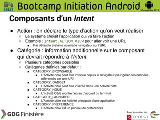 Composants d’un Intent
● Action : on déclare le type d’action qu’on veut réaliser
○
○

Le système choisit l’application qui va faire l’action
Exemple : Intent.ACTION_VIEW pour aller voir une URL
■

Par défaut le système ouvrira le navigateur sur l’URL

● Catégorie : information additionnelle sur le composant
qui devrait répondre à l’Intent
○
○

Plusieurs catégories possibles
Catégories définies par défaut :
■

■
■
■
■

CATEGORY_BROWSABLE
● L’Activité cible peut être invoqué depuis le navigateur pour gérer des données
référencés par une URI
CATEGORY_GADGET
● L’Activité cible peut être inserée dans une Activité hôte
CATEGORY_HOME
● L’activité Cible montre l’écran d’accueil du terminal
CATEGORY_LAUNCHER
● L’Activité cible est Activité principale d’une application
CATEGORY_PREFERENCE
● L’Activité cible est un paneau de préférences
Avec le soutien de :

 