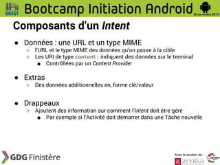 Composants d’un Intent
● Données : une URL et un type MIME
○
○

l’URL et le type MIME des données qu’on passe à la cible
Les URI de type content: indiquent des données sur le terminal
■ Contrôllées par un Content Provider

● Extras
○

Des données additionnelles en, forme clé/valeur

● Drappeaux
○

Ajoutent des information sur comment l’Intent doit être géré
■ Par exemple si l’Activité doit démarrer dans une Tâche nouvelle

Avec le soutien de :

 
