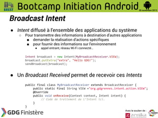 Broadcast Intent
● Intent diffusé à l'ensemble des applications du système
○

Pour transmettre des informations à destination d’autres applications
■ demander la réalisation d’actions spécifiques
■ pour fournir des informations sur l’environnement
●

appel entrant, réseau Wi-Fi connecté…

Intent broadcast = new Intent(MyBroadcastReceiver.VIEW);
broadcast.putExtra("extra", "Hello GDG!");
sendBroadcast(broadcast);

● Un Broadcast Received permet de recevoir ces Intents
public final class MyBroadcastReceiver extends BroadcastReceiver {
public static final String VIEW ="org.gdgrennes.intent.action.VIEW";
@Override
public void onReceive(Context context, Intent intent) {
// Code de traitement de l’Intent ici.
}
}
Avec le soutien de :

 