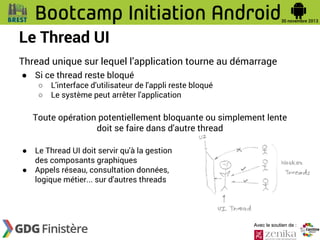 Le Thread UI
Thread unique sur lequel l’application tourne au démarrage
● Si ce thread reste bloqué
○
○

L'interface d'utilisateur de l'appli reste bloqué
Le système peut arrêter l'application

Toute opération potentiellement bloquante ou simplement lente
doit se faire dans d'autre thread
●
●

Le Thread UI doit servir qu'à la gestion
des composants graphiques
Appels réseau, consultation données,
logique métier... sur d'autres threads

Avec le soutien de :

 