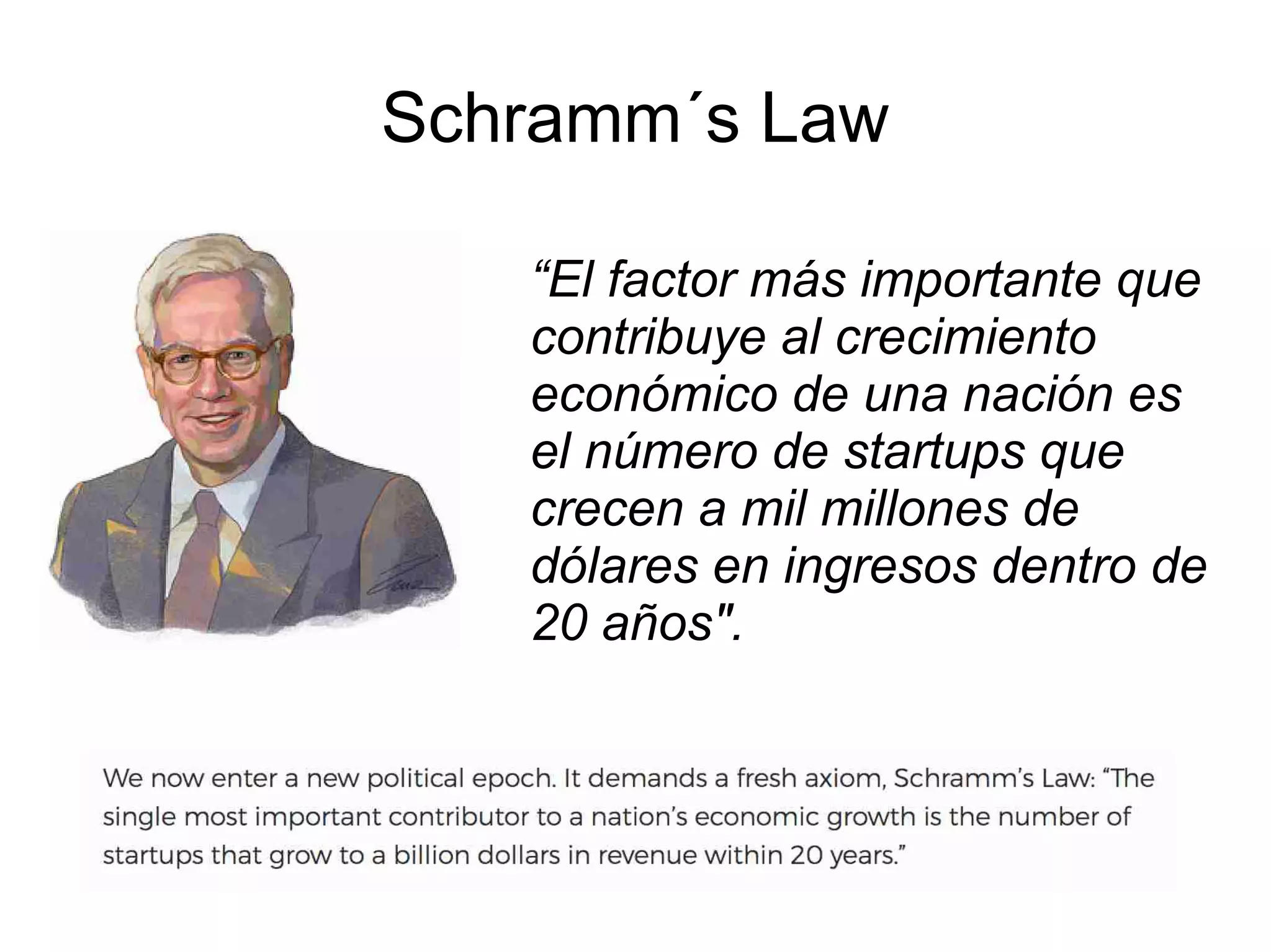 Schramm´s Law
“El factor más importante que
contribuye al crecimiento
económico de una nación es
el número de startups que
crecen a mil millones de
dólares en ingresos dentro de
20 años".
 