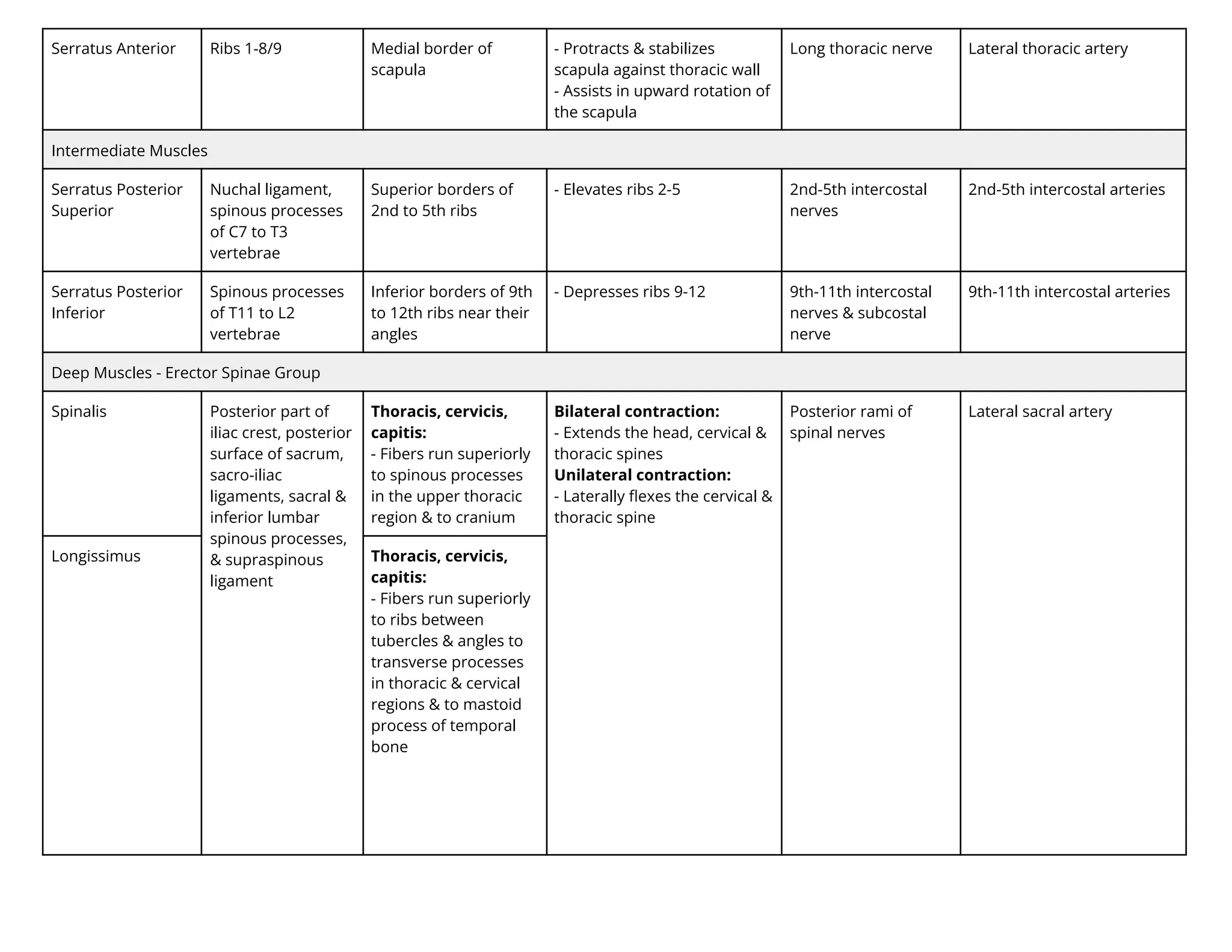 Serratus Anterior Ribs 1-8/9 Medial border of
scapula
- Protracts & stabilizes
scapula against thoracic wall
- Assists in upward rotation of
the scapula
Long thoracic nerve Lateral thoracic artery
Intermediate Muscles
Serratus Posterior
Superior
Nuchal ligament,
spinous processes
of C7 to T3
vertebrae
Superior borders of
2nd to 5th ribs
- Elevates ribs 2-5 2nd-5th intercostal
nerves
2nd-5th intercostal arteries
Serratus Posterior
Inferior
Spinous processes
of T11 to L2
vertebrae
Inferior borders of 9th
to 12th ribs near their
angles
- Depresses ribs 9-12 9th-11th intercostal
nerves & subcostal
nerve
9th-11th intercostal arteries
Deep Muscles - Erector Spinae Group
Spinalis Posterior part of
iliac crest, posterior
surface of sacrum,
sacro-iliac
ligaments, sacral &
inferior lumbar
spinous processes,
& supraspinous
ligament
Thoracis, cervicis,
capitis:
- Fibers run superiorly
to spinous processes
in the upper thoracic
region & to cranium
Bilateral contraction:
- Extends the head, cervical &
thoracic spines
Unilateral contraction:
- Laterally ﬂexes the cervical &
thoracic spine
Posterior rami of
spinal nerves
Lateral sacral artery
Longissimus Thoracis, cervicis,
capitis:
- Fibers run superiorly
to ribs between
tubercles & angles to
transverse processes
in thoracic & cervical
regions & to mastoid
process of temporal
bone
 