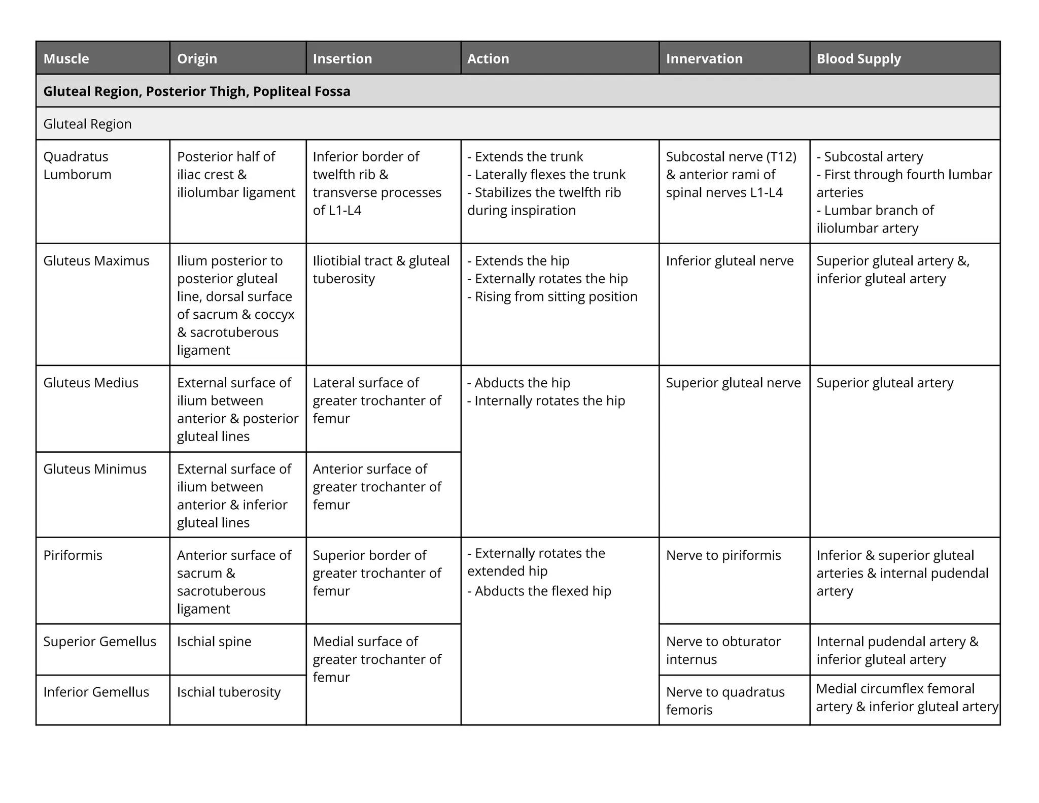 Muscle Origin Insertion Action Innervation Blood Supply
Gluteal Region, Posterior Thigh, Popliteal Fossa
Gluteal Region
Quadratus
Lumborum
Posterior half of
iliac crest &
iliolumbar ligament
Inferior border of
twelfth rib &
transverse processes
of L1-L4
- Extends the trunk
- Laterally ﬂexes the trunk
- Stabilizes the twelfth rib
during inspiration
Subcostal nerve (T12)
& anterior rami of
spinal nerves L1-L4
- Subcostal artery
- First through fourth lumbar
arteries
- Lumbar branch of
iliolumbar artery
Gluteus Maximus Ilium posterior to
posterior gluteal
line, dorsal surface
of sacrum & coccyx
& sacrotuberous
ligament
Iliotibial tract & gluteal
tuberosity
- Extends the hip
- ternally rotates the hip
- Rising from sitting position
Inferior gluteal nerve Superior gluteal artery &,
inferior gluteal artery
Gluteus Medius External surface of
ilium between
anterior & posterior
gluteal lines
Lateral surface of
greater trochanter of
femur
- Abducts the hip
- nternally rotates the hip
Superior gluteal nerve Superior gluteal artery
Gluteus Minimus External surface of
ilium between
anterior & inferior
gluteal lines
Anterior surface of
greater trochanter of
femur
Piriformis Anterior surface of
sacrum &
sacrotuberous
ligament
Superior border of
greater trochanter of
femur
- ternally rotates the
extended hip
- Abducts the ﬂexed hip
Nerve to piriformis Inferior & superior gluteal
arteries & internal pudendal
artery
Superior Gemellus Ischial spine Medial surface of
greater trochanter of
femur
Nerve to obturator
internus
Internal pudendal artery &
inferior gluteal artery
Inferior Gemellus Ischial tuberosity Nerve to quadratus
femoris
Medial circumﬂex femoral
artery in eri r l teal artery
 