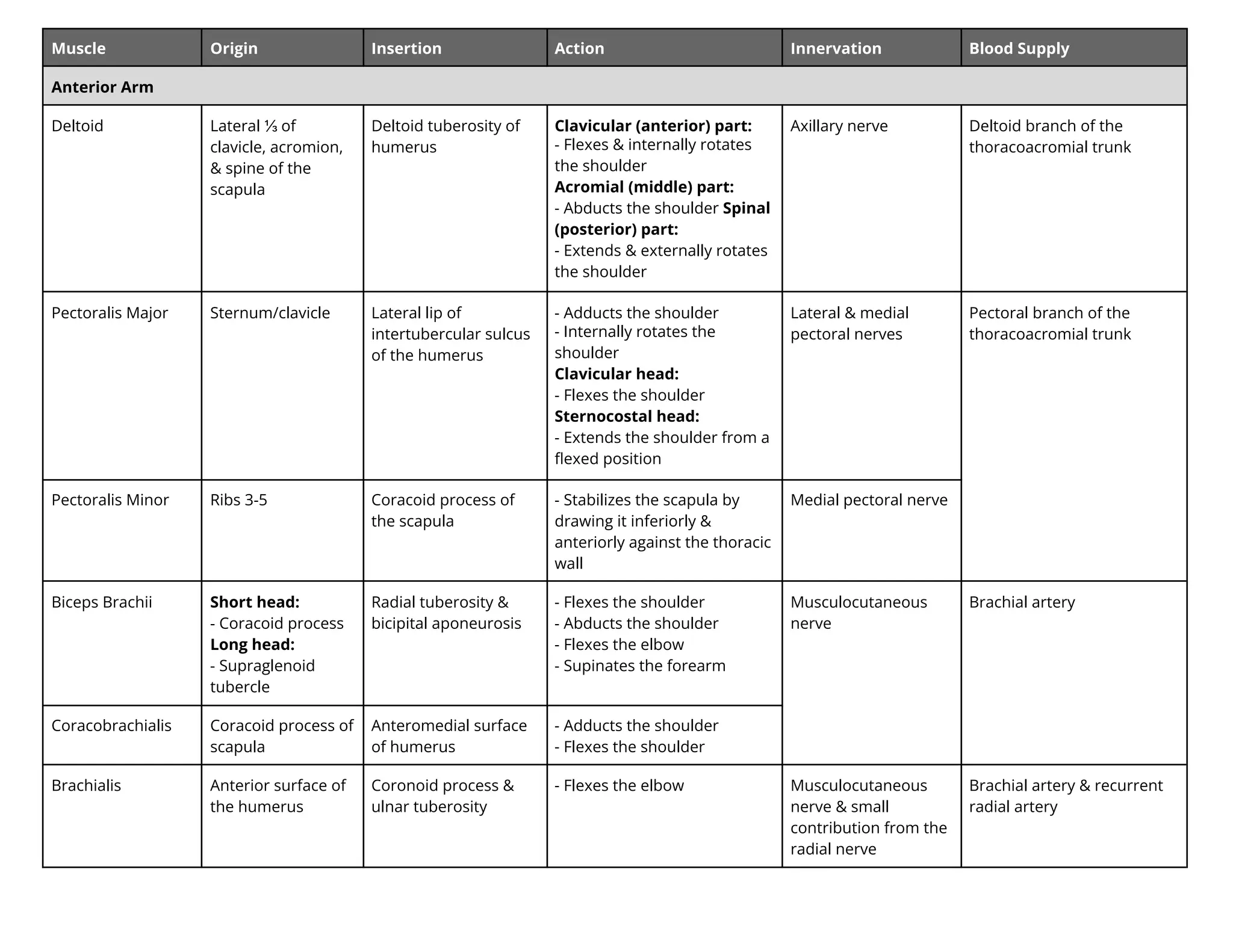 Muscle Origin Insertion Action Innervation Blood Supply
Anterior Arm
Deltoid Lateral ⅓ of
clavicle, acromion,
& spine of the
scapula
Deltoid tuberosity of
humerus
Clavicular (anterior) part:
- Flexes & internally rotates
the shoulder
Acromial (middle) part:
- Abducts the shoulder Spinal
(posterior) part:
- Extends & e ternally rotates
the shoulder
Axillary nerve Deltoid branch of the
thoracoacromial trunk
Pectoralis Major Sternum/clavicle Lateral lip of
intertubercular sulcus
of the humerus
- Adducts the shoulder
- nternally rotates the
shoulder
Clavicular head:
- Flexes the shoulder
Sternocostal head:
- Extends the shoulder from a
ﬂexed position
Lateral & medial
pectoral nerves
Pectoral branch of the
thoracoacromial trunk
Pectoralis Minor Ribs 3-5 Coracoid process of
the scapula
- Stabilizes the scapula by
drawing it inferiorly &
anteriorly against the thoracic
wall
Medial pectoral nerve
Biceps Brachii Short head:
- Coracoid process
Long head:
- Supraglenoid
tubercle
Radial tuberosity &
bicipital aponeurosis
- Flexes the shoulder
- Abducts the shoulder
- Flexes the elbow
- Supinates the forearm
Musculocutaneous
nerve
Brachial artery
Coracobrachialis Coracoid process of
scapula
Anteromedial surface
of humerus
- Adducts the shoulder
- Flexes the shoulder
Brachialis Anterior surface of
the humerus
Coronoid process &
ulnar tuberosity
- Flexes the elbow Musculocutaneous
nerve & small
contribution from the
radial nerve
Brachial artery & recurrent
radial artery
 