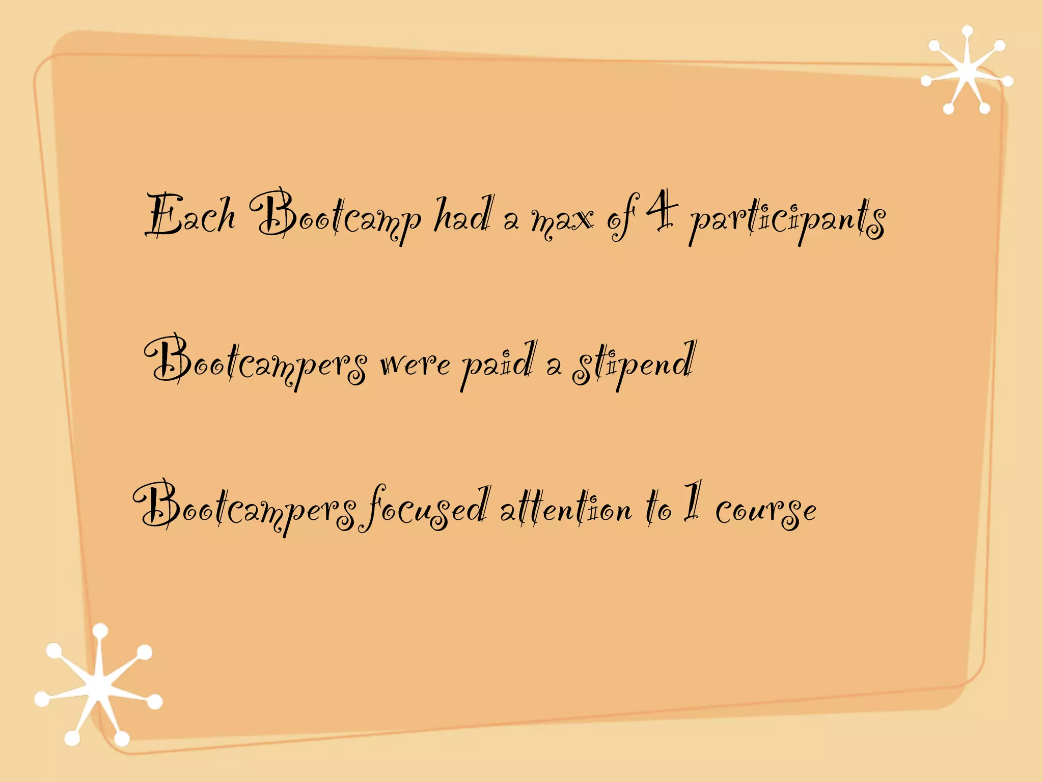 Each Bootcamp had a max of 4 participants

Bootcampers were paid a stipend

Bootcampers focused attention to 1 course
 