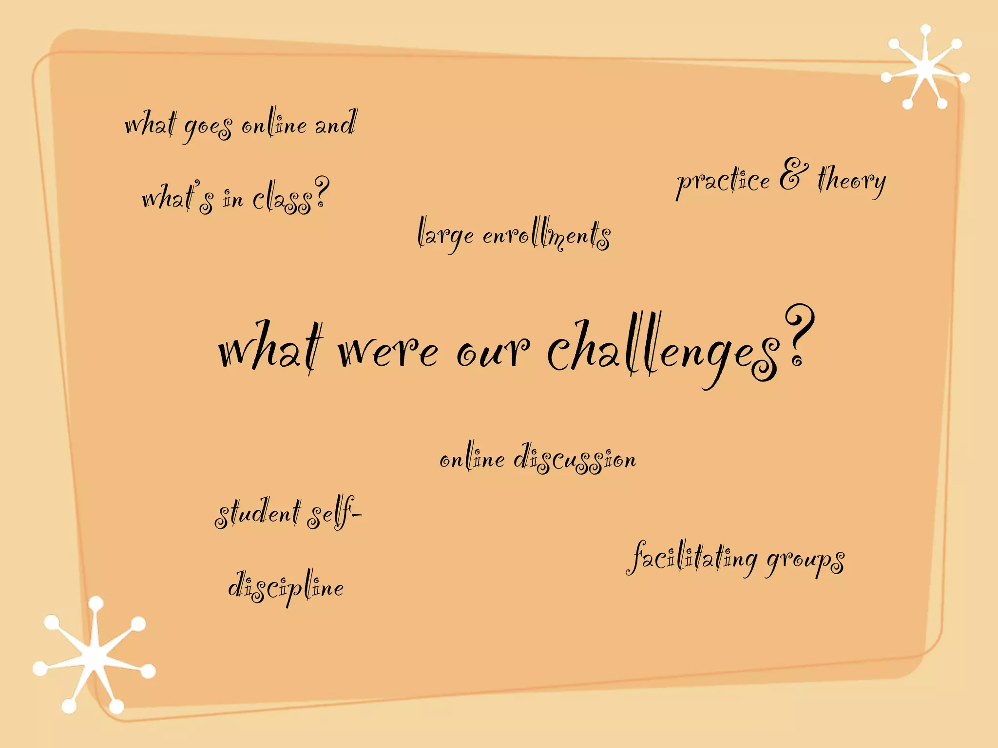 what goes online and
 what’s in class?                             practice & theory
                       large enrollments

       what were our challenges?
                         online discussion
       student self-
                                           facilitating groups
        discipline
 