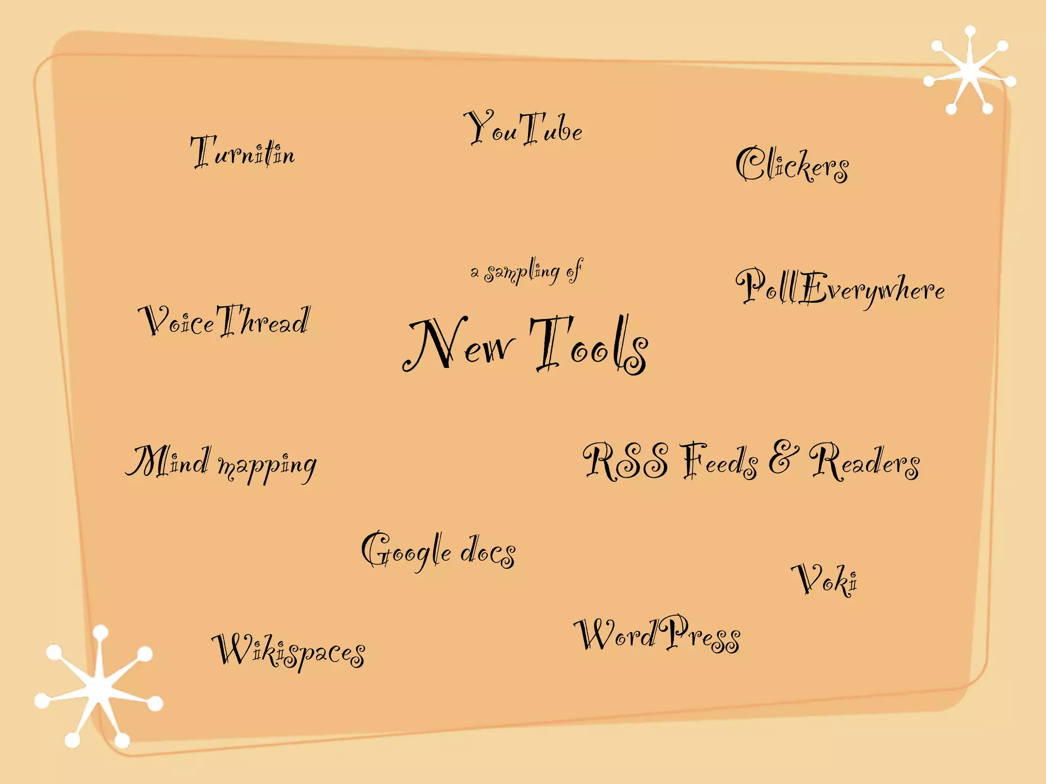 Turnitin           YouTube
                                              Clickers

                      a sampling of
                                              PollEverywhere
VoiceThread
                  New Tools
Mind mapping                          RSS Feeds & Readers
               Google docs
                                                 Voki
     Wikispaces                  WordPress
 