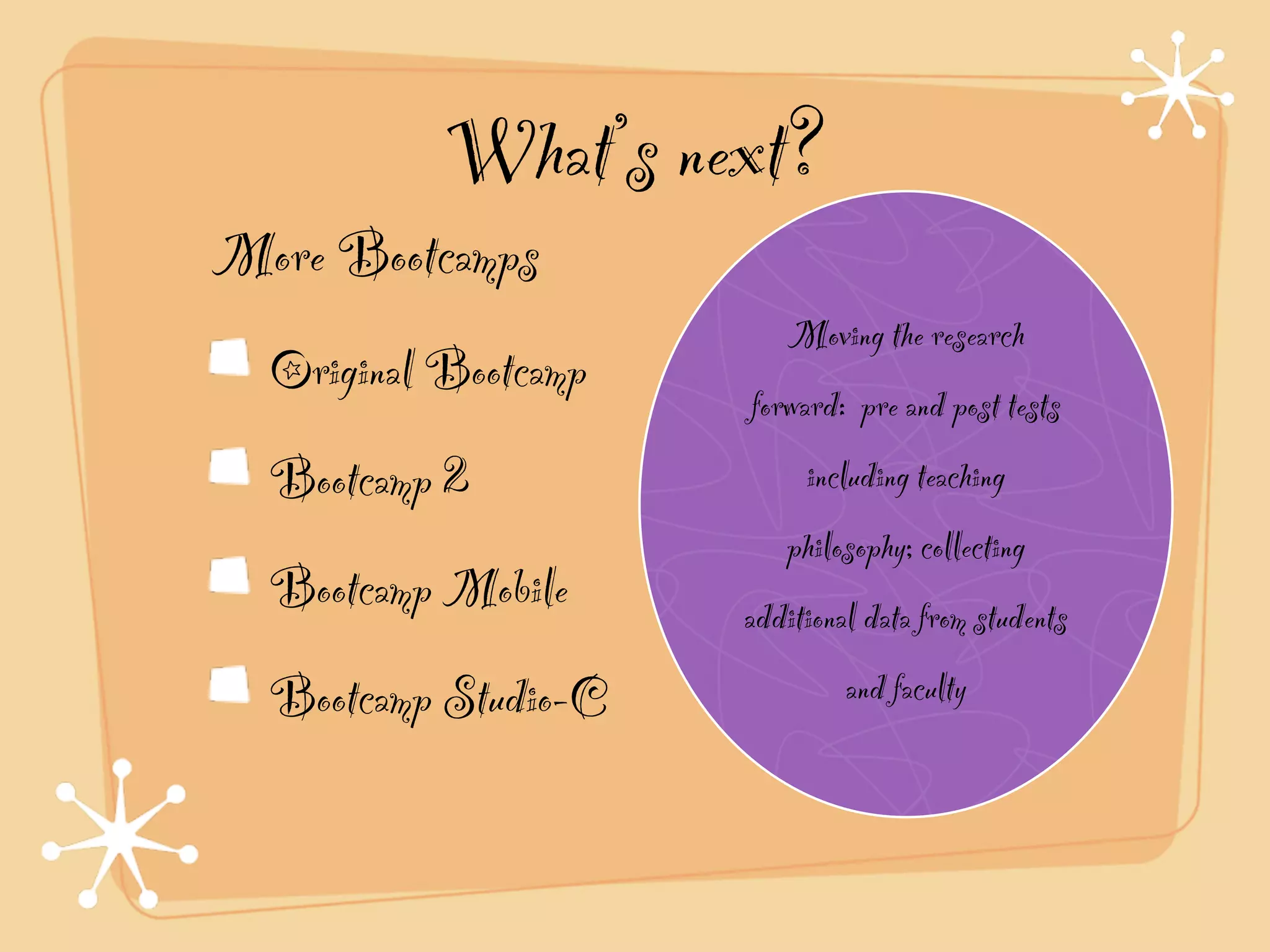 What’s next?
More Bootcamps!
                          Moving the research
  Original Bootcamp!
                       forward: pre and post tests
  Bootcamp 2!               including teaching
                          philosophy; collecting
  Bootcamp Mobile!     additional data from students
  Bootcamp Studio-C             and faculty
 