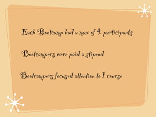 Each Bootcamp had a max of 4 participants

Bootcampers were paid a stipend

Bootcampers focused attention to 1 course
 