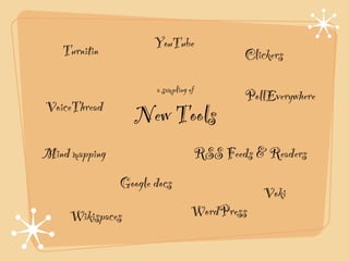 Turnitin           YouTube
                                              Clickers

                      a sampling of
                                              PollEverywhere
VoiceThread
                  New Tools
Mind mapping                          RSS Feeds & Readers
               Google docs
                                                 Voki
     Wikispaces                  WordPress
 