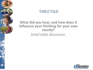 TABLE TALK
What did you hear, and how does it
influence your thinking for your own
county?
Small table discussion.
 