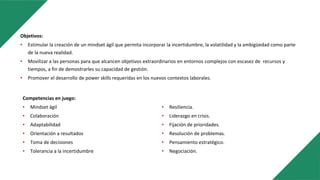 Objetivos:
• Estimular la creación de un mindset ágil que permita incorporar la incertidumbre, la volatilidad y la ambigüedad como parte
de la nueva realidad.
• Movilizar a las personas para que alcancen objetivos extraordinarios en entornos complejos con escasez de recursos y
tiempos, a fin de demostrarles su capacidad de gestión.
• Promover el desarrollo de power skills requeridas en los nuevos contextos laborales.
Competencias en juego:
• Mindset ágil
• Colaboración
• Adaptabilidad
• Orientación a resultados
• Toma de decisiones
• Tolerancia a la incertidumbre
• Resiliencia.
• Liderazgo en crisis.
• Fijación de prioridades.
• Resolución de problemas.
• Pensamiento estratégico.
• Negociación.
 