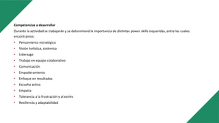 Competencias a desarrollar
Durante la actividad se trabajarán y se determinará la importancia de distintas power skills requeridas, entre las cuales
encontramos:
• Pensamiento estratégico
• Visión holística, sistémica
• Liderazgo
• Trabajo en equipo colaborativo
• Comunicación
• Empoderamiento
• Enfoque en resultados
• Escucha activa
• Empatía
• Tolerancia a la frustración y al estrés
• Resiliencia y adaptabilidad
 