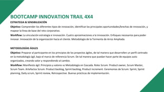 BOOTCAMP INNOVATION TRAIL 4X4
ESTRATEGIA & SENSIBILIZACIÓN
Objetivo: Comprender los diferentes tipos de innovación, identificar las principales oportunidades/brechas de innovación, y
mapear la línea de base del reto corporativo.
Workflow: La vinculación estrategia e innovación. Cuatro aproximaciones a la innovación. Enfoques necesarios para poder
innovar. Innovación de la organización hacia el cliente. Metodología de la Tormenta de Arroz Ampliada.
METODOLOGÍAS ÁGILES
Objetivo: Preparar al participante en los principios de los proyectos ágiles, de tal manera que desarrollen un perfil centrado
en la metodología ágil, bajo el marco de referencia Scrum. De tal manera que puedan hacer parte de equipos auto
organizados, creando valor y respondiendo al cambio.
Workflow: Manifiesto ágil: Principios y valores vs Metodología en Cascada. Roles Scrum: Product owner, Scrum Master,
Scrum Team. Artefactos Scrum: Product backlog, Sprint backlog, Product increment. Ceremonias de Scrum: Sprint, Sprint
planning, Daily scrum, Sprint review, Retrospective. Buenas prácticas de implementación.
 