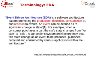 Terminology: EDA


“Event Driven Architecture (EDA) is a software architecture
  pattern promoting the production, detection, consumption of,
  and reaction to events. An event can be defined as "a
  significant change in state"[1]. For example, when a
  consumer purchases a car, the car's state changes from "for
  sale" to "sold". A car dealer's system architecture may treat
  this state change as an event to be produced, published,
  detected and consumed by various applications within the
  architecture.”


                      http://en.wikipedia.org/wiki/Event_Driven_Architecture
 