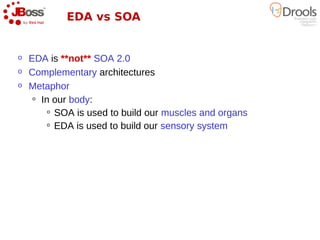 EDA vs SOA


o   EDA is **not** SOA 2.0
o   Complementary architectures
o   Metaphor
     o In our body:

         o SOA i...