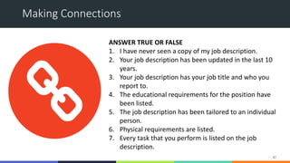 Making Connections
42
ANSWER TRUE OR FALSE
1. I have never seen a copy of my job description.
2. Your job description has ...