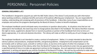 PERSONNEL: Personnel Policies
GENERAL DISCLAIMER 1 of 2
This handbook is designed to acquaint you with the ABC Public Libr...