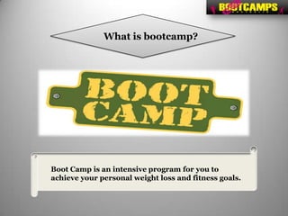 What is bootcamp?




Boot Camp is an intensive program for you to
achieve your personal weight loss and fitness goals.
 