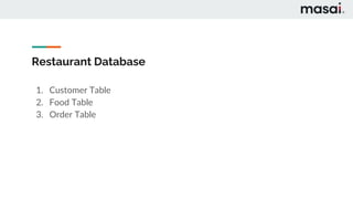 Restaurant Database
1. Customer Table
2. Food Table
3. Order Table
 