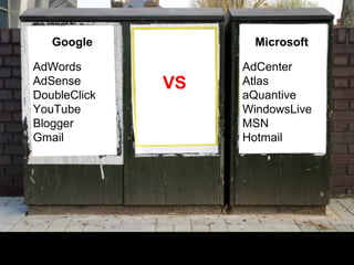 Google AdWords AdSense DoubleClick YouTube Blogger Gmail Microsoft AdCenter Atlas aQuantive WindowsLive MSN Hotmail VS 