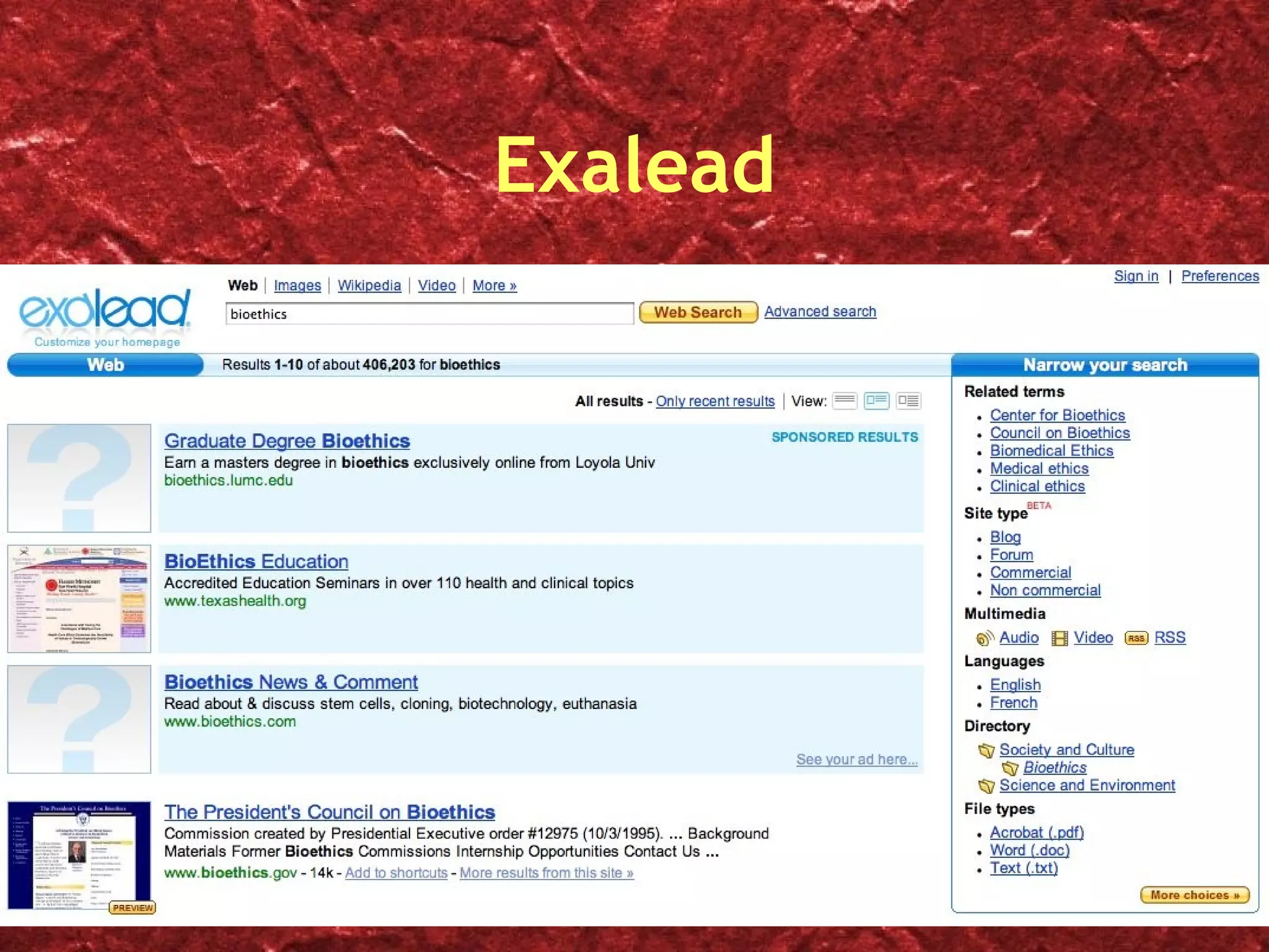 Exalead Bioethics - terms, types, media, filetypes 