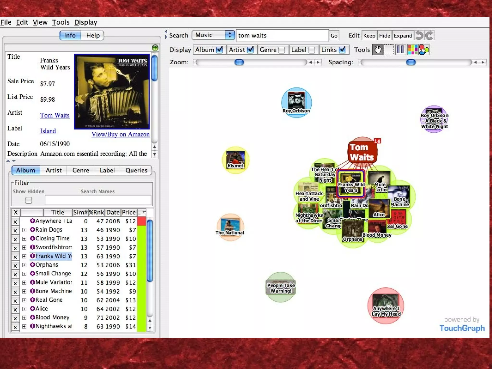 Touchgraph Amazon music search - Tom Waits 