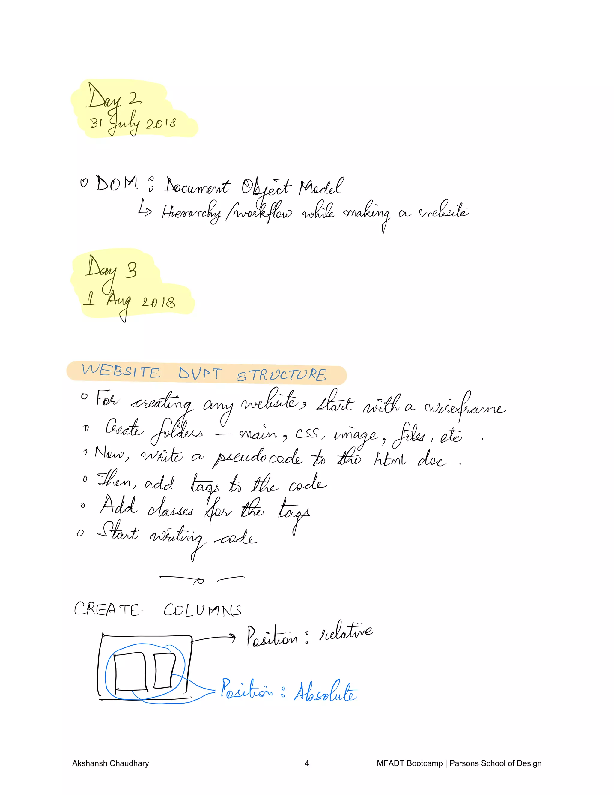 Day 2
31July2018
DOM 9 Document
ObjectModel
Hierarchyfworkflow whilemaking a website
Day 3
I Aug 2018
WEBSITE DUPT STRUCTURE
For
creatingany
websites startwith a wireframe
Create
folders main css
image files etc
Now write a pseudocode to the html doe
Then add tags to the code
Add classes
forthe tags
Start
writing code
CREATE COLUMNS
y
Position relative
Position Absolute
Akshansh Chaudhary 4 MFADT Bootcamp | Parsons School of Design
 