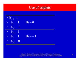 Schaum’s Outline of Theory and Problems of Computer Architecture
Copyright © The McGraw-Hill Companies Inc. Indian Special Edition 2009
29
Use of triplets
• bi+1 1
• bi 1 Bi = 0
• bi–1 1
• bi+1 1
• bi 1 Bi = – 1
• bi–1 0
 