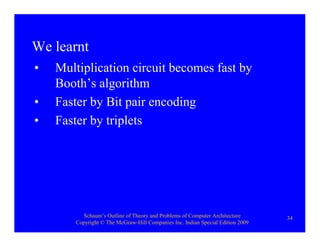 Schaum’s Outline of Theory and Problems of Computer Architecture
Copyright © The McGraw-Hill Companies Inc. Indian Special Edition 2009
34
• Multiplication circuit becomes fast by
Booth’s algorithm
• Faster by Bit pair encoding
• Faster by triplets
We learnt
 