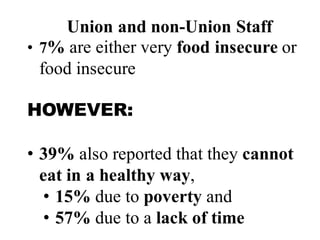 • 7% are either very food insecure or
food insecure
HOWEVER:
• 39% also reported that they cannot
eat in a healthy way,
• 15% due to poverty and
• 57% due to a lack of time
Union and non-Union Staff
 