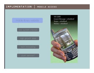 implementation | mobile access



     mobile library website


       low current interest



         hi gh growt h area...