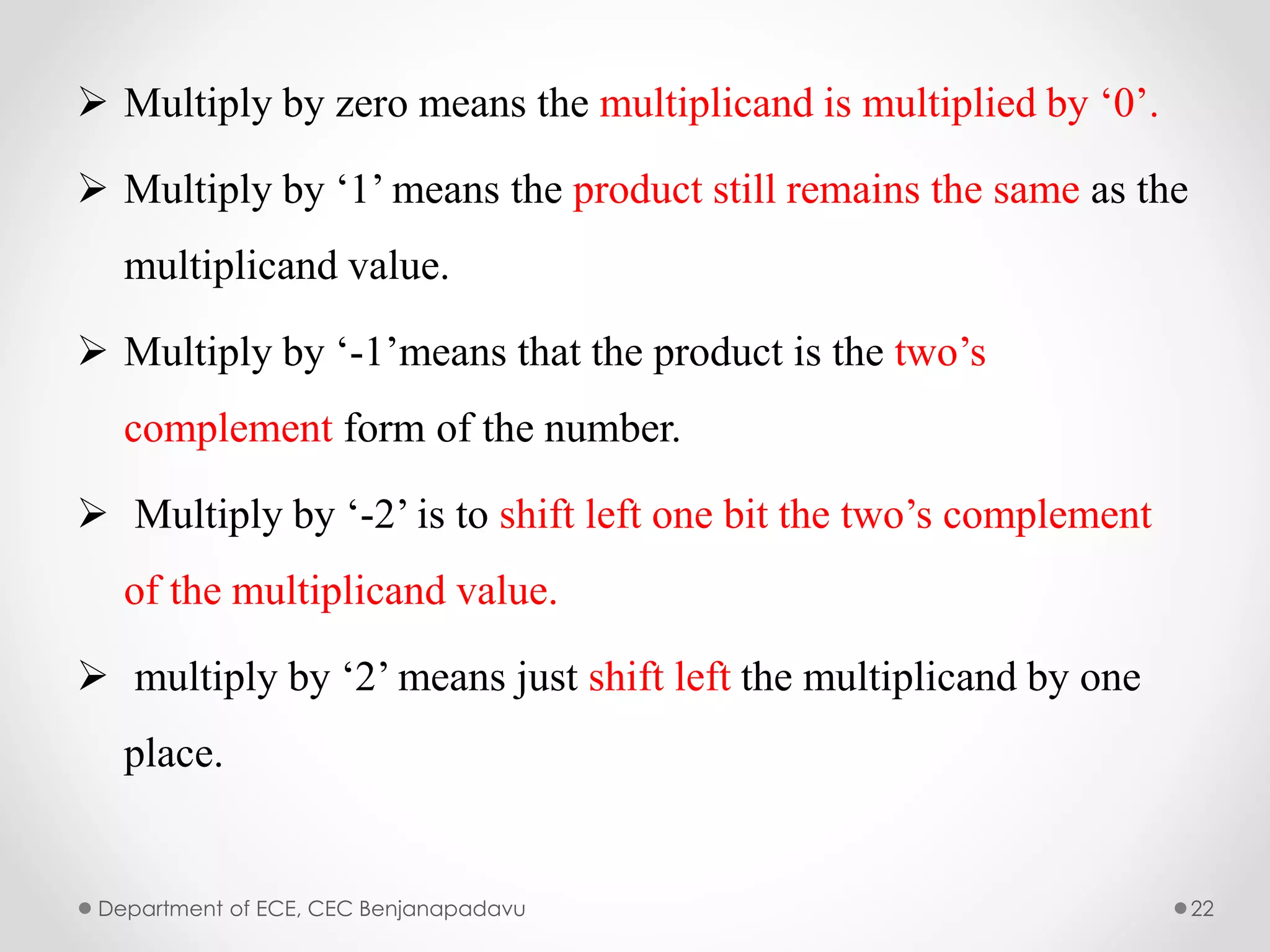  Multiply by zero means the multiplicand is multiplied by ‘0’.
 Multiply by ‘1’ means the product still remains the same as the
multiplicand value.
 Multiply by ‘-1’means that the product is the two’s
complement form of the number.
 Multiply by ‘-2’ is to shift left one bit the two’s complement
of the multiplicand value.
 multiply by ‘2’ means just shift left the multiplicand by one
place.
Department of ECE, CEC Benjanapadavu 22
 