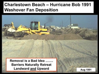 Charlestown Beach – Hurricane Bob 1991
Washover Fan Deposition




  Removal is a Bad Idea …….
   Barriers Naturally Retreat
    Landward and Upward          Aug 1991
 
