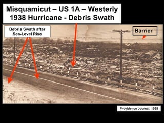 Misquamicut – US 1A – Westerly
 1938 Hurricane - Debris Swath
Debris Swath after                        Barrier
 Sea-Level Rise




                                 Providence Journal, 1938
 