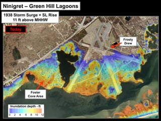 Ninigret – Green Hill Lagoons
1938 Storm Surge + SL Rise
    11 ft above MHHW

   Today

                                Frosty
                                Drew




            Foster
           Cove Area
 