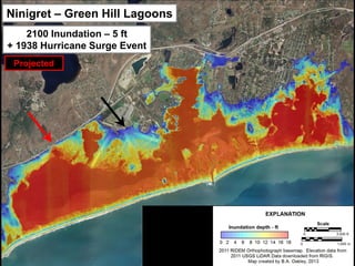 Ninigret – Green Hill Lagoons
    2100 Inundation – 5 ft
+ 1938 Hurricane Surge Event
 Projected
 