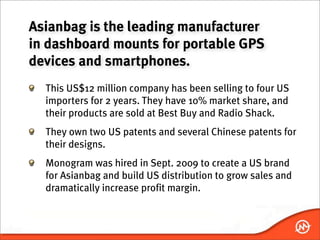 Asianbag is the leading manufacturer
in dashboard mounts for portable GPS
devices and smartphones.
  This US$12 million company has been selling to four US
  importers for 2 years. They have 10% market share, and
  their products are sold at Best Buy and Radio Shack.
  They own two US patents and several Chinese patents for
  their designs.
  Monogram was hired in Sept. 2009 to create a US brand
  for Asianbag and build US distribution to grow sales and
  dramatically increase profit margin.
 