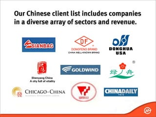 Our Chinese client list includes companies
in a diverse array of sectors and revenue.
 