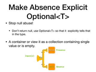 Make Absence Explicit
Optional<T>
• Stop null abuse!

• Don’t return null, use Optional<T> so that it explicitly tells that
in the type.

• A container or view it as a collection containing single
value or is empty.
Presence
Absence
Input(s)
Value
null
 