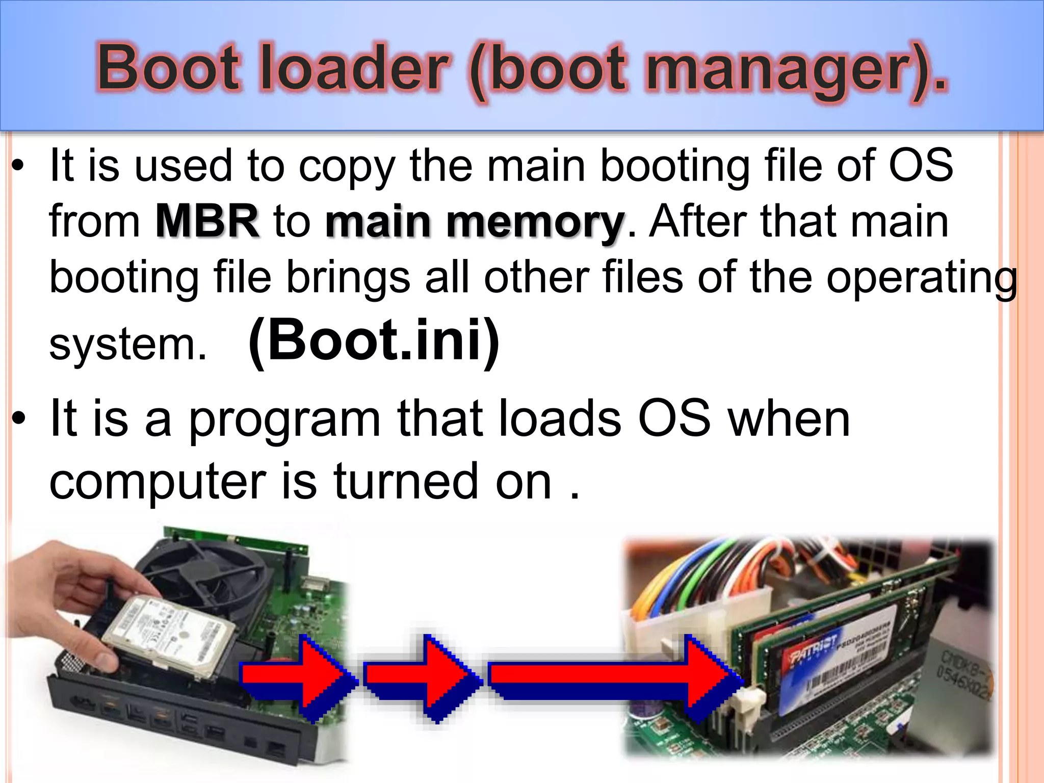 • It is used to copy the main booting file of OS
from MBR to main memory. After that main
booting file brings all other files of the operating
system. (Boot.ini)
• It is a program that loads OS when
computer is turned on .
 
