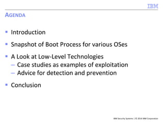 IBM Security Systems | © 2014 IBM Corporation
AGENDA
 Introduction
 Snapshot of Boot Process for various OSes
 A Look at Low-Level Technologies
– Case studies as examples of exploitation
– Advice for detection and prevention
 Conclusion
 