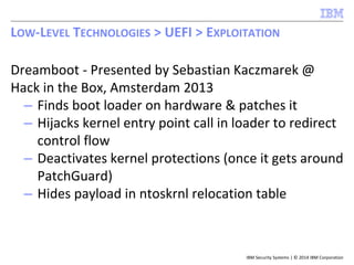 IBM Security Systems | © 2014 IBM Corporation
Dreamboot - Presented by Sebastian Kaczmarek @
Hack in the Box, Amsterdam 2013
– Finds boot loader on hardware & patches it
– Hijacks kernel entry point call in loader to redirect
control flow
– Deactivates kernel protections (once it gets around
PatchGuard)
– Hides payload in ntoskrnl relocation table
LOW-LEVEL TECHNOLOGIES > UEFI > EXPLOITATION
 