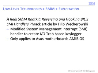 IBM Security Systems | © 2014 IBM Corporation
A Real SMM Rootkit: Reversing and Hooking BIOS
SMI Handlers Phrack article by Filip Wecherowski
– Modified System Management Interrupt (SMI)
handler to create I/O Trap based keylogger
– Only applies to Asus motherboards AMIBIOS
LOW-LEVEL TECHNOLOGIES > SMM > EXPLOITATION
 
