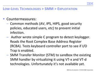 IBM Security Systems | © 2014 IBM Corporation
 Countermeasures:
– Common methods (AV, IPS, HIPS, good security
policies, educated users, etc) to prevent initial
infection.
– Author wrote simple C program to detect keylogger.
Reads the Root Complex Base Address Register
(RCBA). Tests keyboard controller port to see if I/O
Trap is enabled.
– SMM Transfer Monitor (STM) to sandbox the existing
SMM handler by virtualizing it using VT-x and VT-d
technologies. Unfortunately it’s not available yet.
LOW-LEVEL TECHNOLOGIES > SMM > EXPLOITATION
 